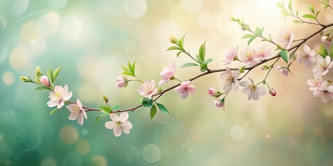 Fototapeta premium Delicate Spring Blossoms on a Branch, Illuminated by Soft Sunlight, a Peaceful and Serene Natural Scene