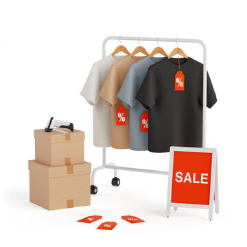 Clothing Discount Promotion. T Shirts On Hangers With Red Sale Tags, Boxes And Barcode Scanner. 3d Rendering