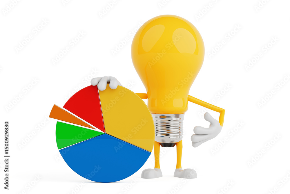 Poster Business Analytics And Data Strategy Concept. Light Bulb Character Holding Colorful Pie Chart. 3d Rendering