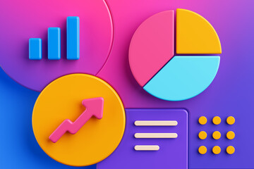 Data Visualization And Analytics Concept. Colorful 3D Charts And Graph Elements. 3d Rendering