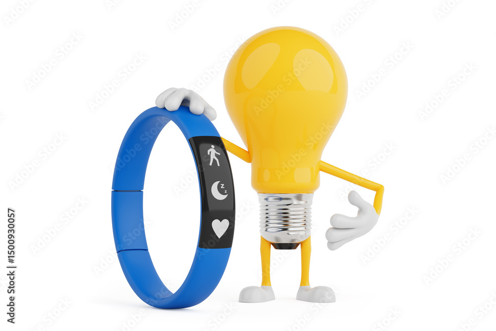 Aufkleber Health Monitoring And Fitness Concept. Smartwatch With Activity And Heart Icons Held By Lightbulb Character. 3d Rendering