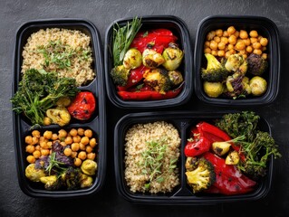 Meal-prepped roasted vegetables and quinoa in plastic containers