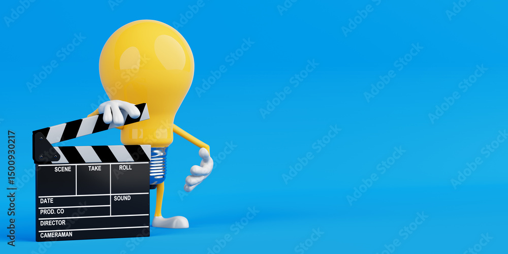 Poster Creativity And Movie Making Concept. Yellow Light Bulb Character Holding Clapperboard. 3d Rendering