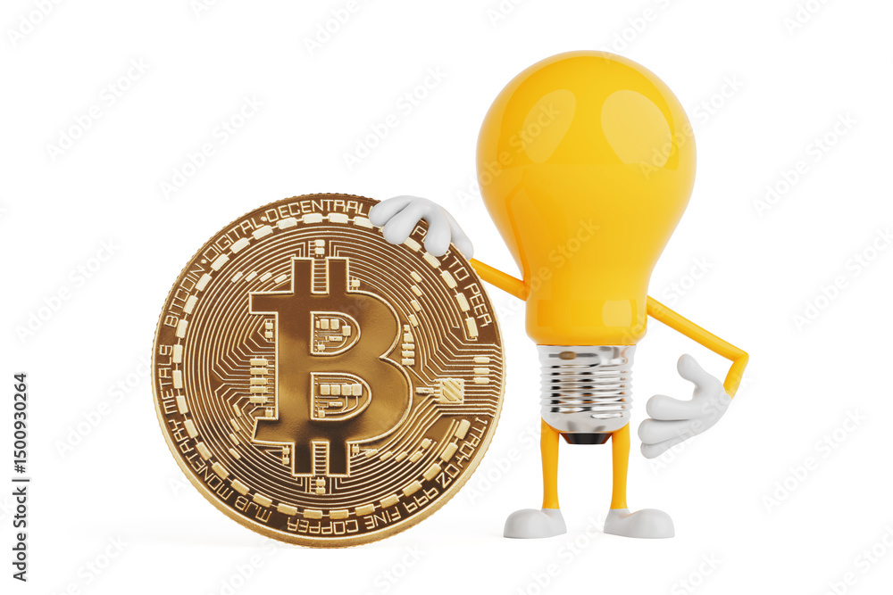 Poster cryptocurrency and innovation concept. yellow light bulb character holding bitcoin coin. 3d renderin