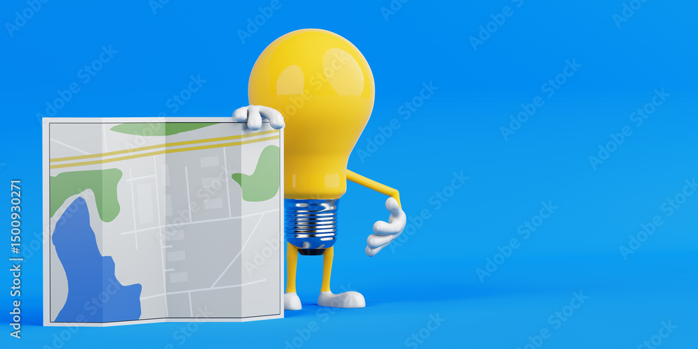 Aufkleber navigation and travel concept. yellow light bulb character holding folded city map with streets and 