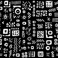 tribal seamless pattern, bold black and white geometric motifs, ethnic textile style