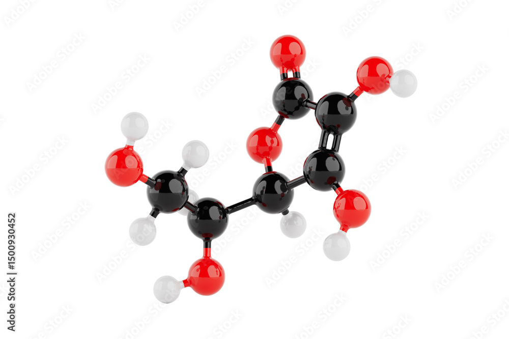 Poster chemical science concept. colorful vitamin c molecular structure model with atoms connected by bonds