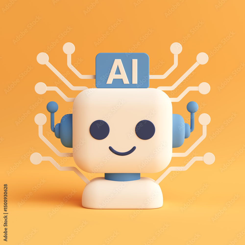 Poster Artificial Intelligence Concept. Cute Smiling Robot Head With AI Sign And Circuit Lines. 3d Rendering