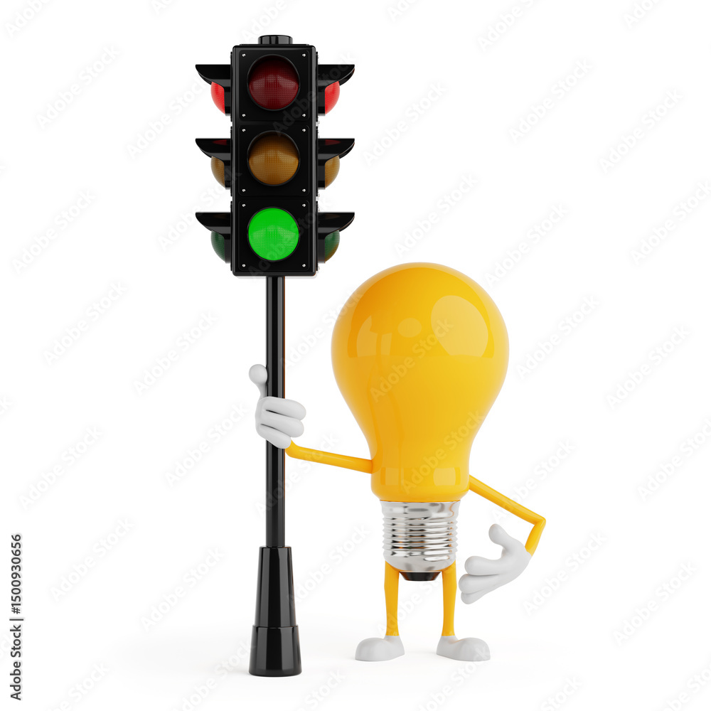 Poster go signal and traffic concept. yellow cartoon light bulb character holding traffic light with green 