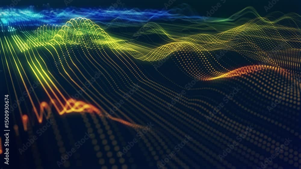 Poster stunning surface composed of neon glow particles that form waves of light. captivating seamless loop