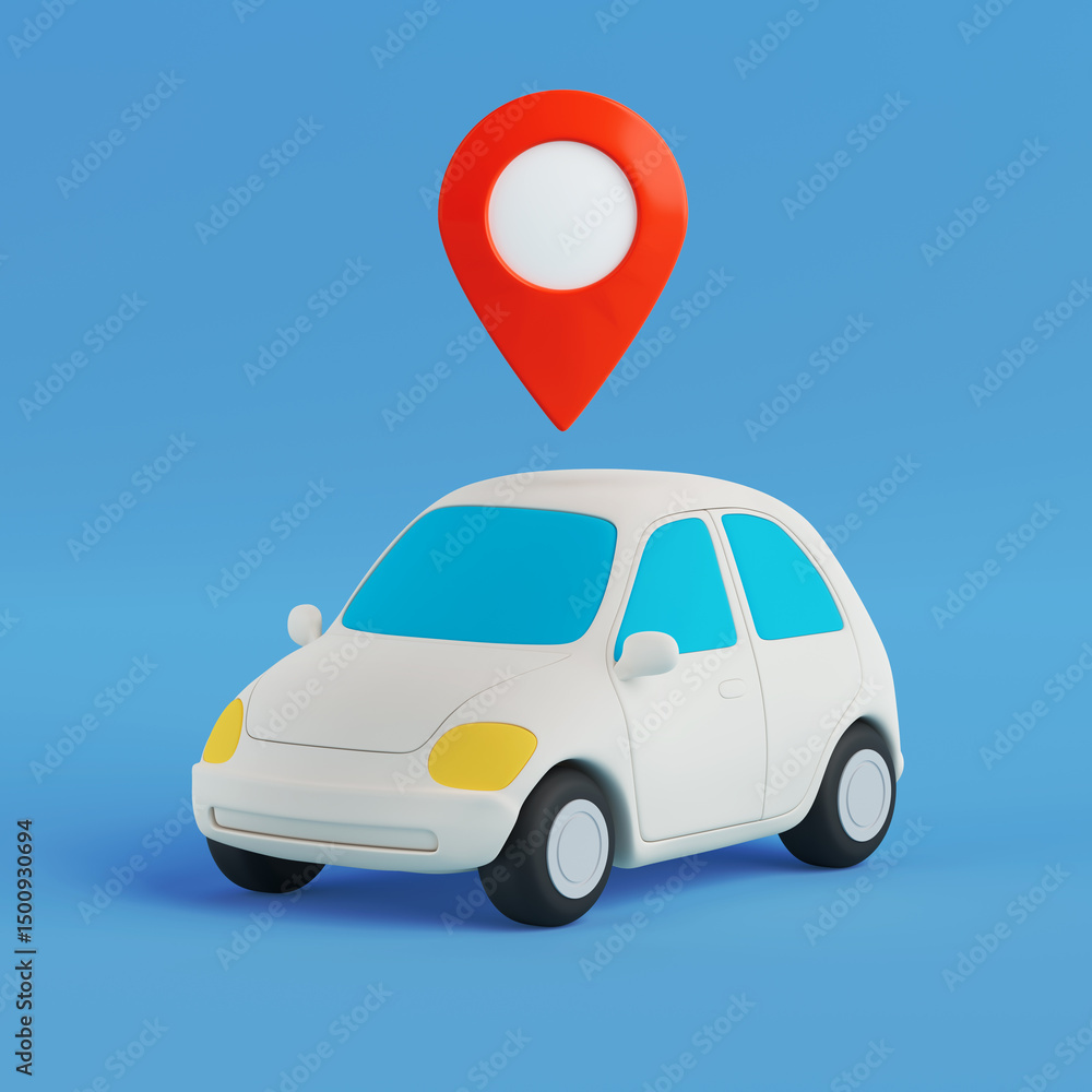 Poster navigation and transport concept. white cartoon car with red map pointer pin. 3d rendering