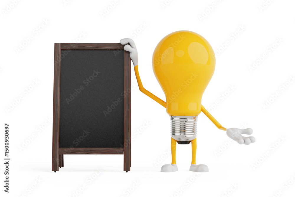 Poster presentation and announcement concept. yellow cartoon light bulb character standing beside blank bla