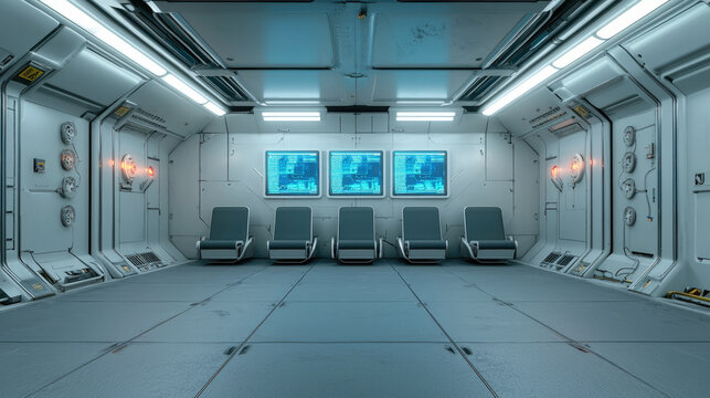 Futuristic aircraft interior, compact waiting area, blue digital screens, modern technology, clean, metallic