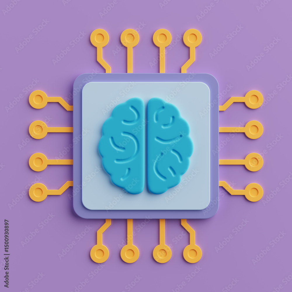 Poster Artificial Intelligence Concept. Stylized Brain Icon Inside Microchip With Circuit Lines. 3d Rendering