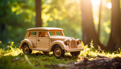 Wooden toy car, blurred natural backdrop. Eco friendly and stylish model.