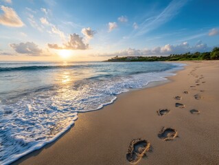 Ocean waves and footprints on serene tropical beach at sunset