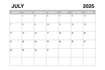 July 2025 Monthly Calendar Planner Template. 3d Rendering