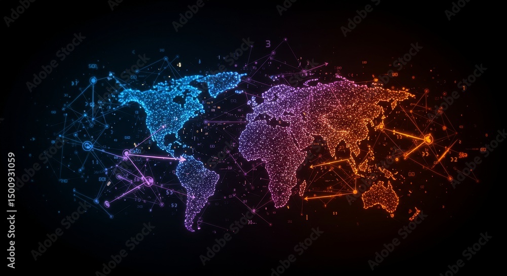 Poster global network connections - illustrative depiction of interconnected pathways, symbolizing data flo