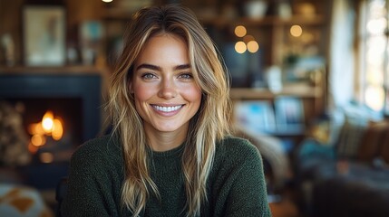Obraz premium Cozy autumn moments: smiling woman in warm sweater by the fireplace in a cozy living room