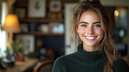 Bright smile of a young woman in a cozy room setting