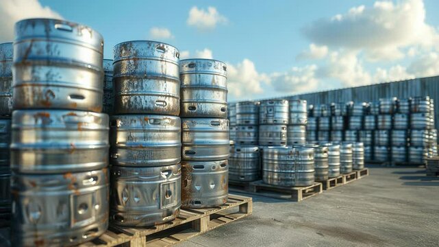Rows of beer kegs in industrial brewery yard under a clear blue sky