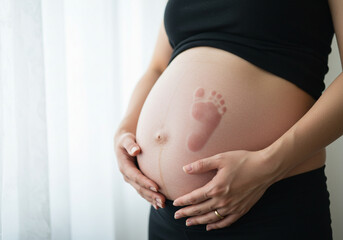 Baby Footprint on Pregnant Belly, Fetal Movement Bump Photo, Visible Kick Mark on Maternity Stomach, Pregnant Belly with Baby Kick Shape, Korean Pregnancy Belly Detail