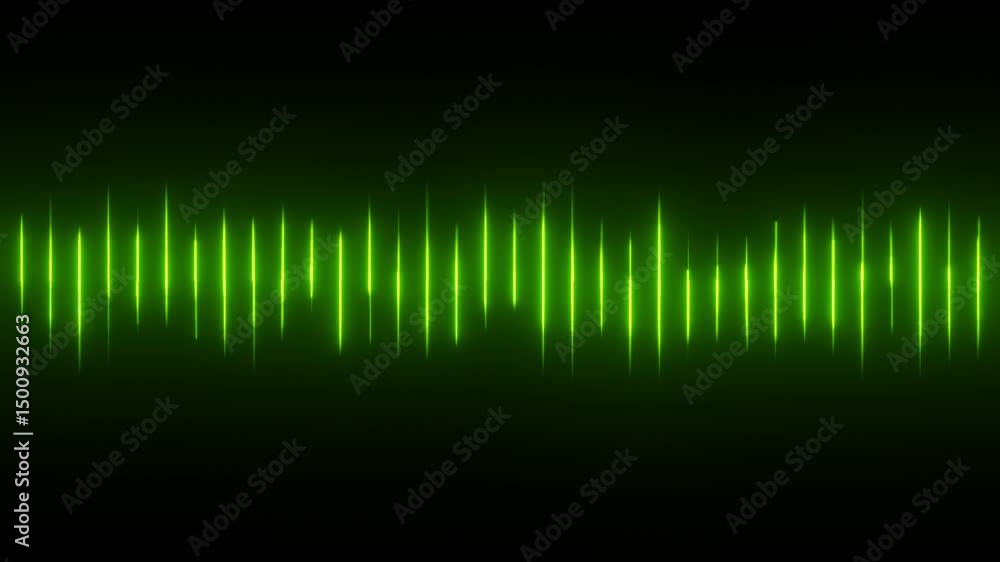 Poster green audio waveform glowing equalizer graphic rippling up and down rapidly in time with music, voic