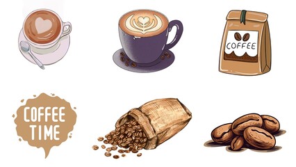 set of coffee beans and cups