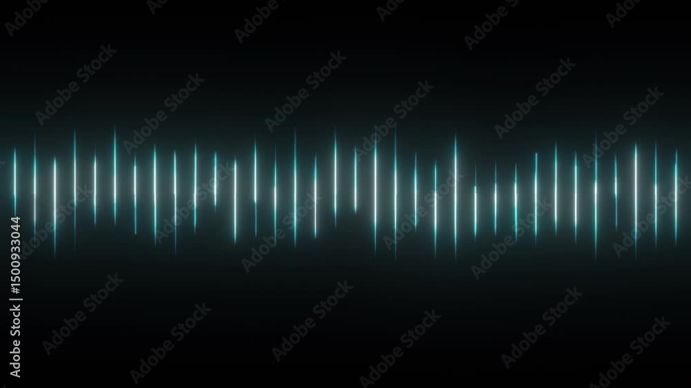 Poster blue audio waveform glowing equalizer graphic rippling up and down rapidly in time with music, voice