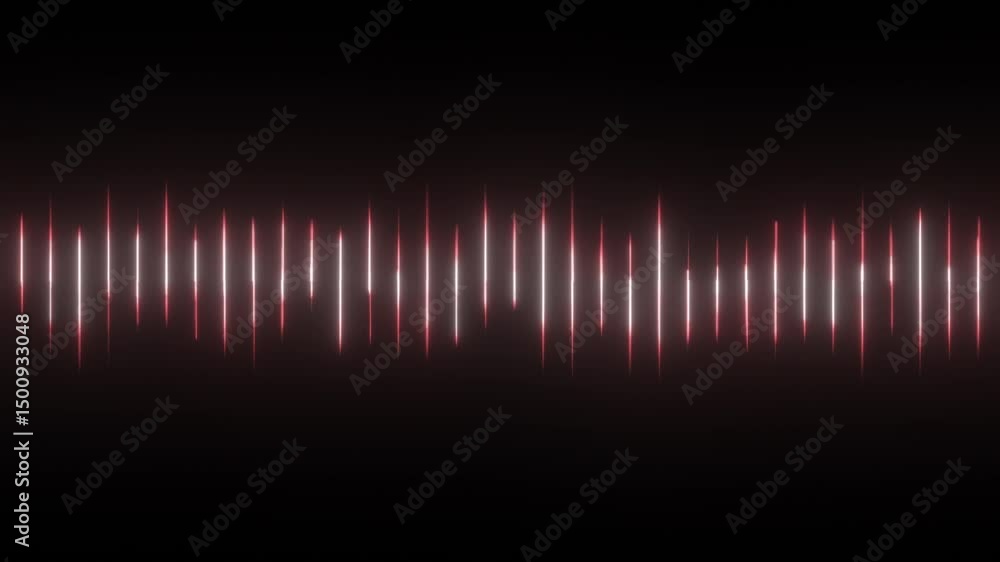 Poster red audio waveform glowing equalizer graphic rippling up and down rapidly in time with music, voice 