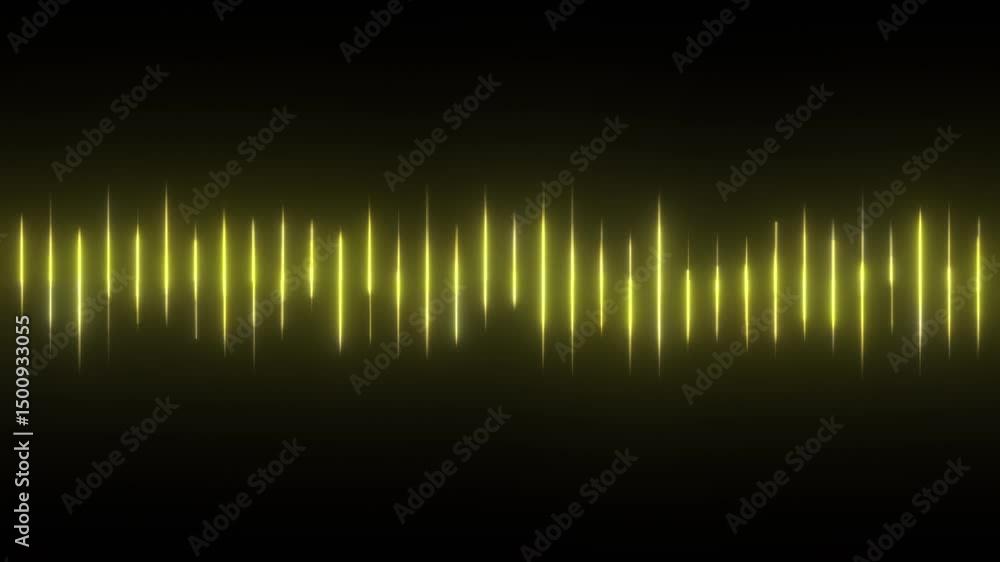 Poster yellow audio waveform glowing equalizer graphic rippling up and down rapidly in time with music, voi