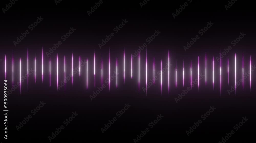 Poster purple audio waveform glowing equalizer graphic rippling up and down rapidly in time with music, voi