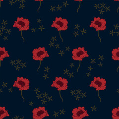 Dark seamless pattern with red poppies. Print for textile, wallpaper, covers, surface. Retro stylization. For fashion fabric.