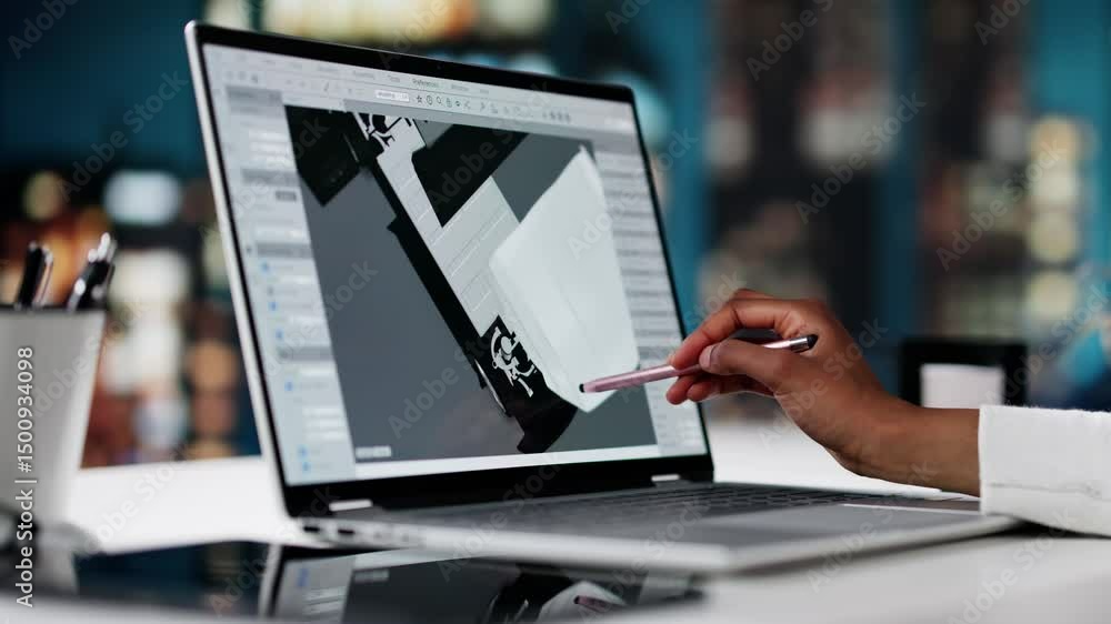 Poster young designer using cad software to render car design on laptop