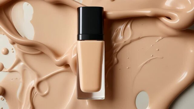 Close-up of liquid foundation bottle on smooth swirling beige cream background. Concept of skincare and makeup product presentation