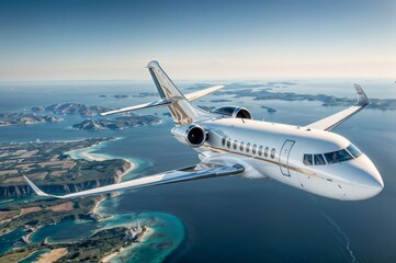 Naklejka premium A white plane flies over the islands. The plane is in the air and surrounded by blue sky