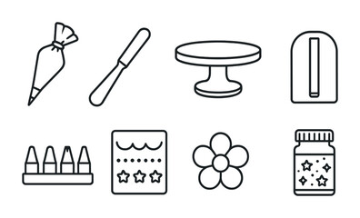 Baking tools and decorations icons for cake decorating projects