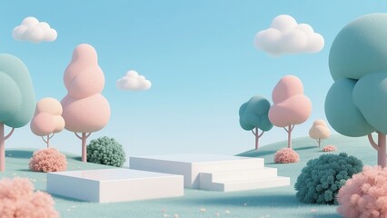 Whimsical Pastel Dreamscape with Cartoon Trees and Clouds