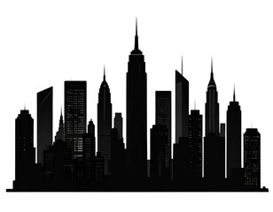 Obraz premium Silhouette of city skyline with tall buildings on white background. 