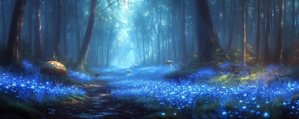Bluebell forest path, mystical scene, fantasy background, wallpaper