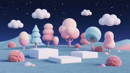Whimsical Pastel Dreamscape with Cartoon Trees and Clouds