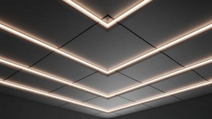 Illuminated ceiling Geometric pattern of glowing lines on a dark, modern ceiling, creating a striking architectural design