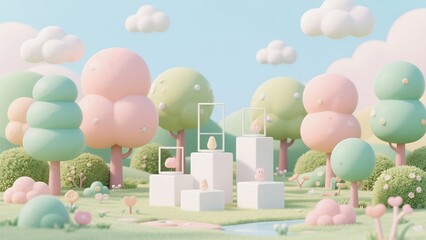 Whimsical Pastel Dreamscape with Cartoon Trees and Clouds