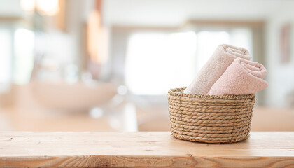 Folded bath towels in wicker basket on wooden table with copy space over defocused bathroom background