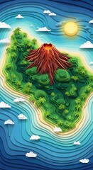 Island volcano tropical sea ocean sun clouds palm trees nature landscape paradise vacation travel art
