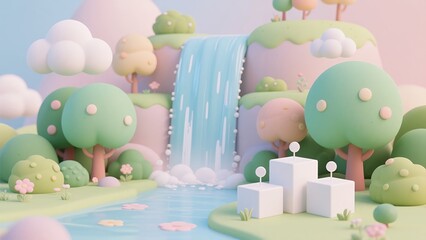 Whimsical Pastel Dreamscape with Cartoon Trees and Clouds