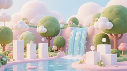 Whimsical Pastel Dreamscape with Cartoon Trees and Clouds