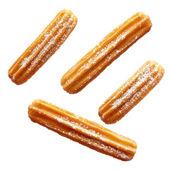 Sweets churros flying isolated on white background. Churros falling isolated.