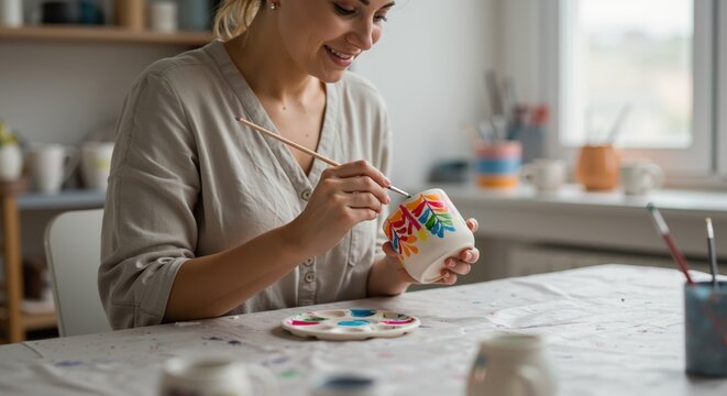 Young woman painting ceramic cup at table in bright studio