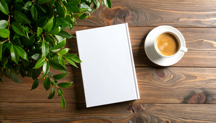 A blank white book rests upon a wooden table, complemented by a cup of coffee and verdant plant